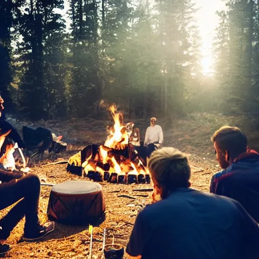 Prompt: angles in heaven looking down onto 6 people around a campfire on earth, dreamy