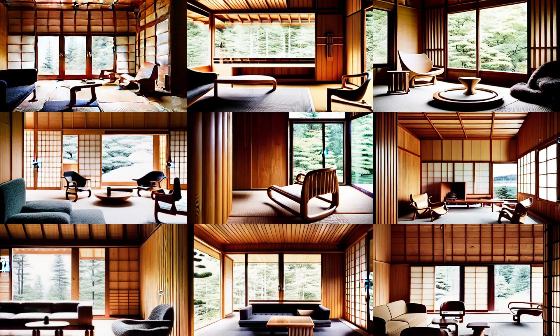 Prompt: luxurious wooden cottage by alvar aalto, modern furnished japanese living room, japanese flower arrangements, coherent composition, extremely detailed furnitures, architecture photography from deco magazine