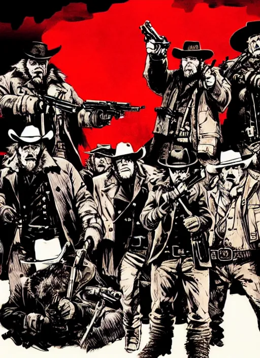 Prompt: epic action gunfight scene from The Hateful Eight by Quentin Tarantino in style by Dave Gibbons and Yoji Shinkawa, trending on artstation, details, intricate, 4k, perfect faces - W 1280