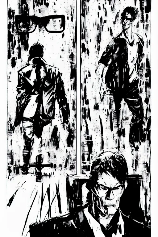 Image similar to jim carrey in the matrix, a page from cyberpunk 2 0 2 0, style of paolo parente, style of mike jackson, adam smasher, johnny silverhand, 1 9 9 0 s comic book style, white background, ink drawing, black and white