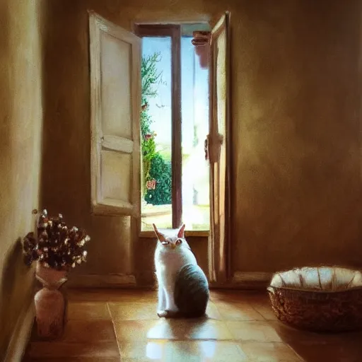 Prompt: very very very very beautiful work of art from wide angle on cat sitting in provence style interior room, matte,