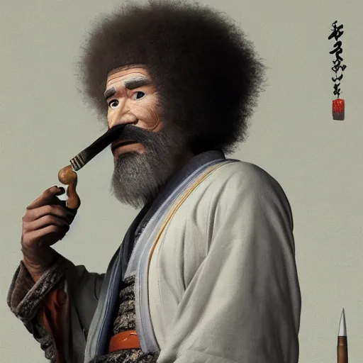 Image similar to an ultra detailed matte painting of bob ross smoking a pipe and dressed as a wandering ronin samurai, edo japan, concept art by jeong seon and greg rutkowski, octane render, 8 k, detailed face