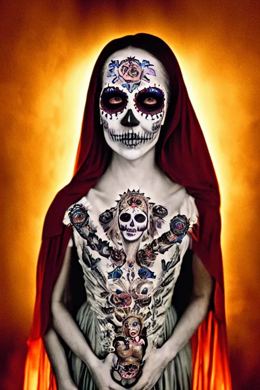 Image similar to heliography, virgin mary in dia de muertos dress and make up, horrific beautiful vibe, evocative, atmospheric lighting, painted, intricate, highly detailed, leesha hannigan, wayne haag, reyna rochin, ignacio fernandez rios, mark ryden, iris van herpen, stunning, gorgeous, sharp focus, cinematic, masterpiece