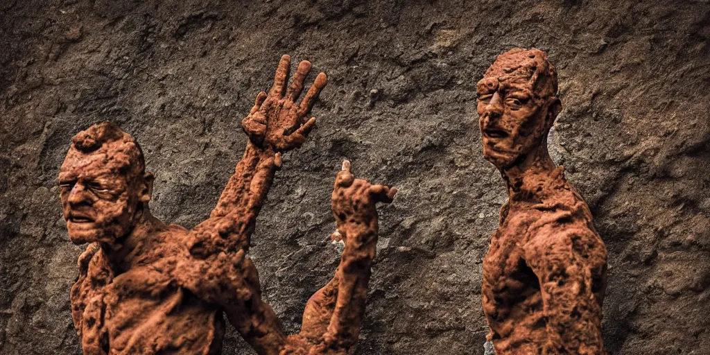 Image similar to highly detailed photography of a men made of rust clay, big rocks, hand gesture, sharp focus, clay texture, dramatic scene, aesthetic, dynamic lighting, elegant, harmony, masterpiece, by javier marin, high quality, spatula