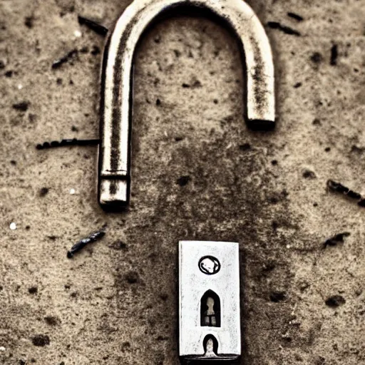 Prompt: medieval padlock key. photograph.