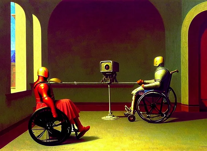 Prompt: knight in armor in a wheelchair do tricks & watch old tv, rome, highly detailed, soft lighting, elegant, by edward hopper and james gillard, zdislaw beksinski, stephen outram, andreas m wiese, carl spitzweg, highly detailed, masterpiece, unreal 6, 8 k