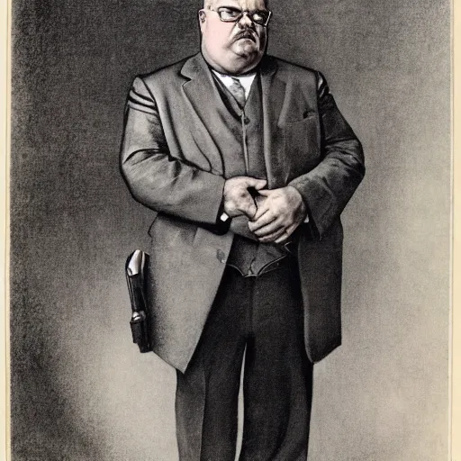 Image similar to gk chesterton with a muscles and a shotgun. portrait by james gurney.