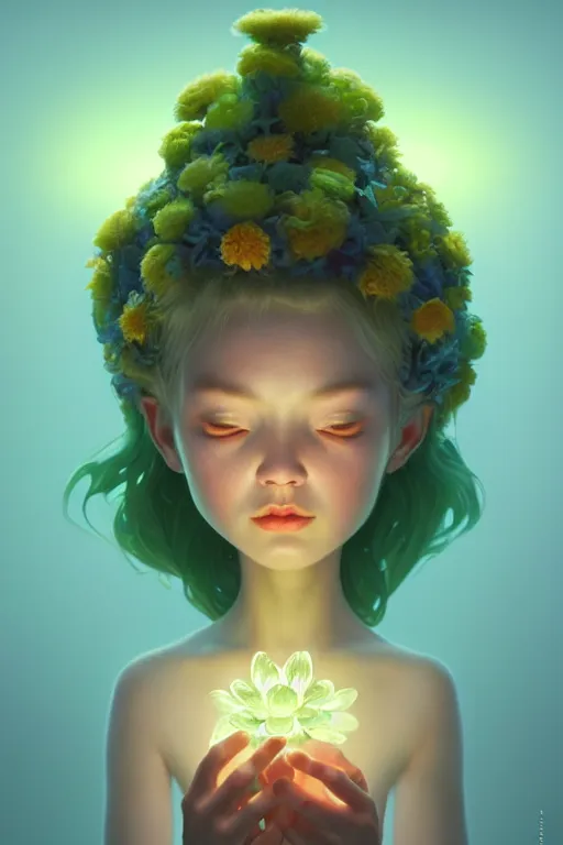 Image similar to super cute Bioluminescent Flower deity character concept, single head, no double head, soft light, soft mood, realistic body features and face, illustration, painting oil on canvas by Elena Zhurikhina and Goro Fujita and Charlie Bowater, octane render trending on artstation, 4k, 8k, HD