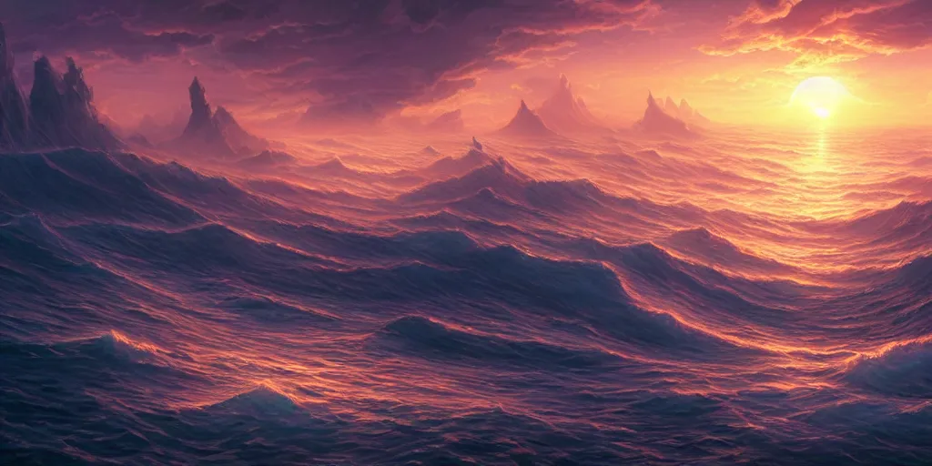 Prompt: fantasy painting of a vast ocean with a sunset, intricate abstract. delicate artwork. by tooth wu, wlop, beeple, dan mumford. octane render, trending on artstation, greg rutkowski very coherent symmetrical artwork. cinematic, hyper realism, high detail, octane render, 8 k, depth of field, bokeh. chrome accents.