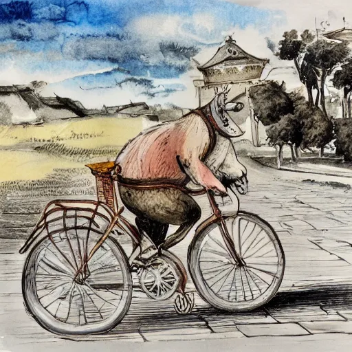 Prompt: a pig riding a bicycle on the road by the seaport,detailed watercolor pen ink illustration by bernini, key visual official media