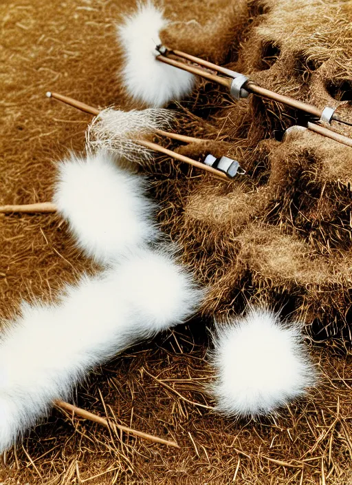 Image similar to realistic photo of a a medieval brushwood archeology scientific equipment device made of brushwood, with white fluffy fur, by dieter rams 1 9 9 0, life magazine reportage photo, natural colors