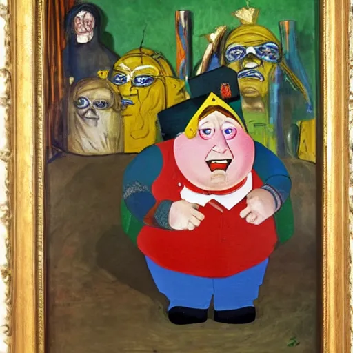 Prompt: a deliriously happy king Eric Cartman, portrait oil painting by Otto Dix, oil on canvas (1921)