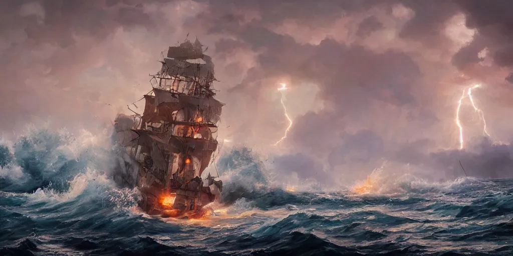 Prompt: Lightning striking a pirate vessel as it sails on wild ocean waters during a thunderstorm, crashing waves, cozy wallpaper, 4k, high details, trending on Artstation, award-winning, art by Chris Moore, by Greg Rutkowski