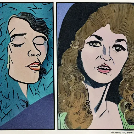 Prompt: a 7 0 s double page spread of a woman looking up at a man. the woman is called carmen and the caption how did i manage without carmen before. colour hi - def