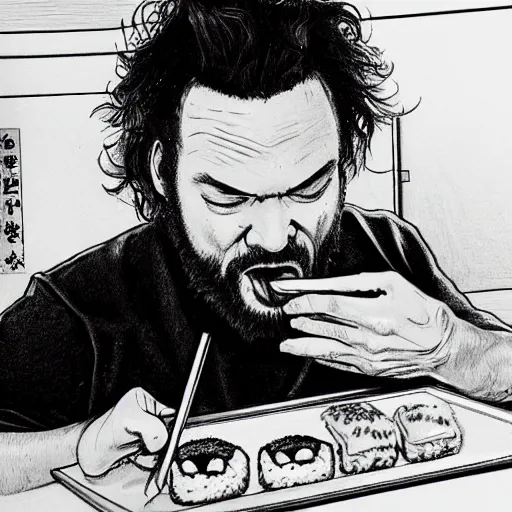 Image similar to pencil illustration of Bam Margera eating sushi with chopsticks highly detailed