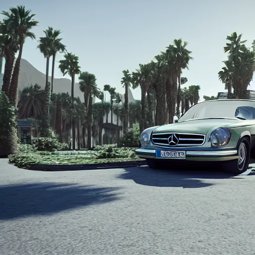 Prompt: frog driving a mercedes in marrakech, palm trees, octane render, unreal engine, hyperdetailed