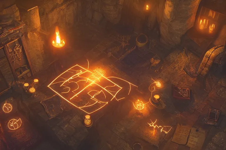 Image similar to A skilled sorcerer in their study, drawing glowing magic runic symbols in the air, enchanting objects with glyph magic, D&D fantasy setting, 4k