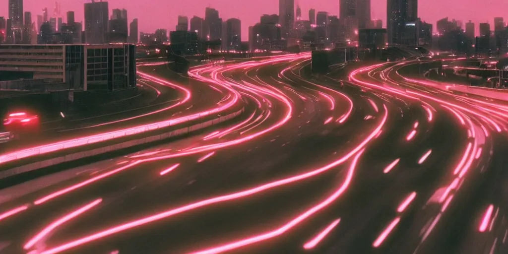 Image similar to 8 0 s neon movie still, high speed car chase on the highway with city in background, medium format color photography, 8 k resolution, movie directed by kar wai wong, hyperrealistic, photorealistic, high definition, highly detailed, tehnicolor, anamorphic lens, award - winning photography, masterpiece