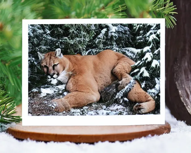 Image similar to postcard showing 'a cougar sleeping in the middle of snowy pine tree' laying on coffee table with stamp and damaged due to age, zoomed out shot, HD, iphone capture