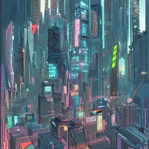 Image similar to a cyberpunk city, digital painting by moebius