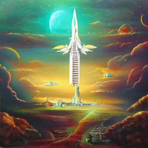 Image similar to Beautiful city of the future in harmony with nature, spaceship in the sky. Nice colour scheme, soft warm colour. Beautiful painting by Lurid. (2022)