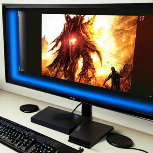 Prompt: giant gaming pc in room with monitor