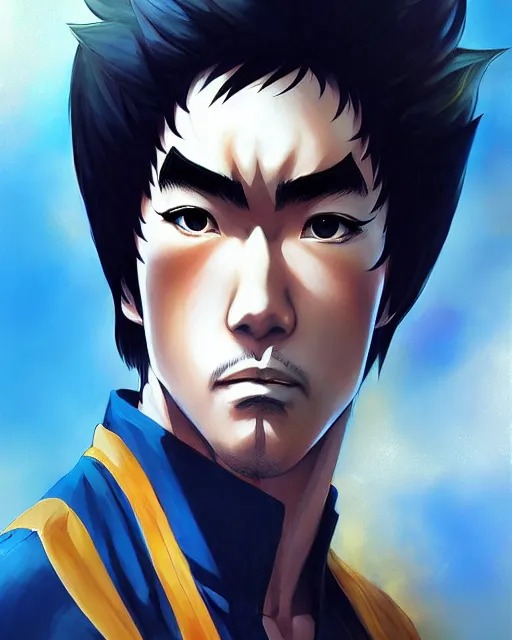 Image similar to anime portrait of Bruce Lee as an anime man by Stanley Artgerm Lau, WLOP, Rossdraws, James Jean, Andrei Riabovitchev, Marc Simonetti, and Sakimichan, trending on artstation