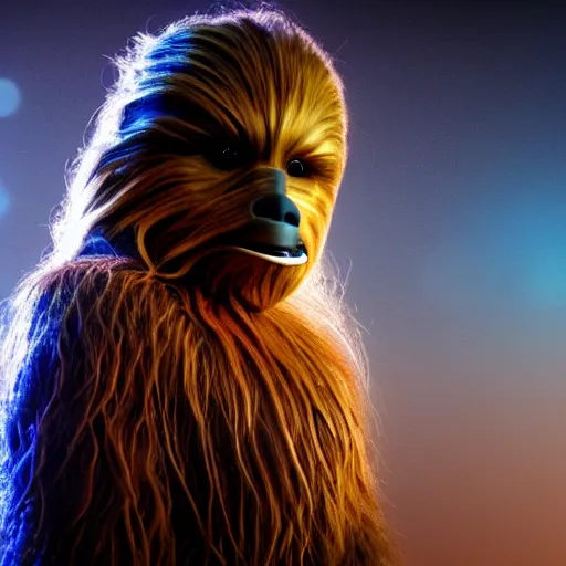 Image similar to a still of Chewbacca, studio lighting, 4K. Shallow depth of field. City at night in background, lights, colors.