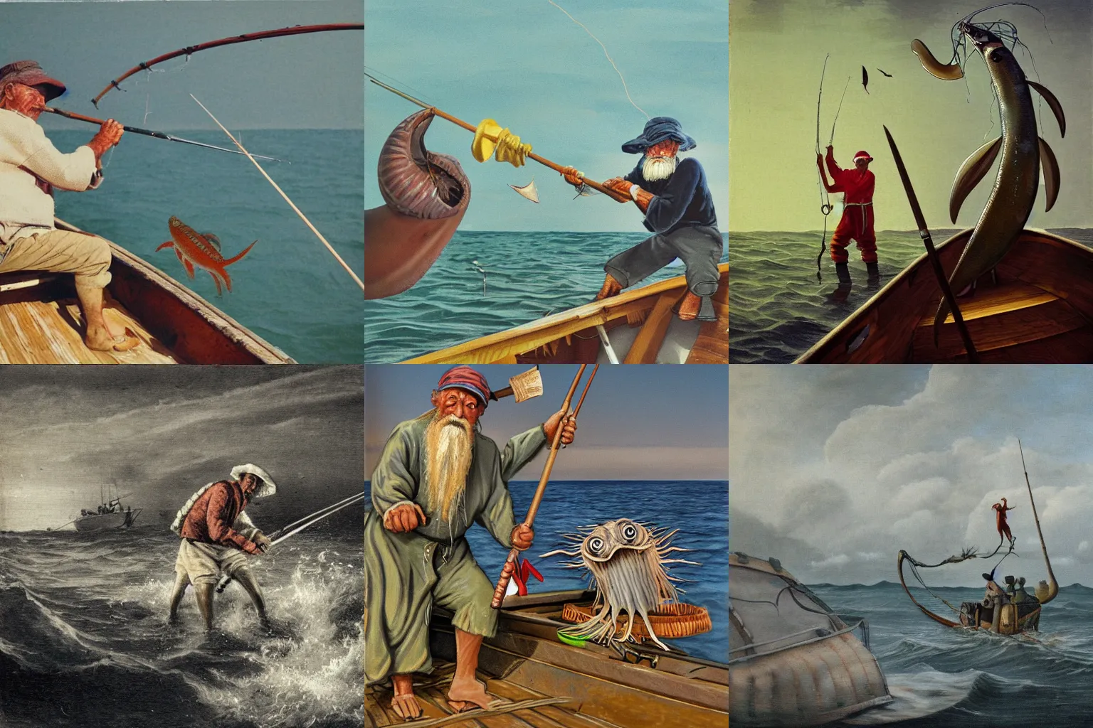 Prompt: an old fisherman fishing in a boat, big squid point of view, big squid attacking fisherman, fisherman with spear attacking