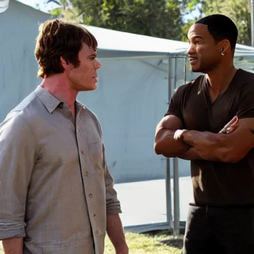 Prompt: dexter morgan meets will smith on the set of fragile rock - n 7