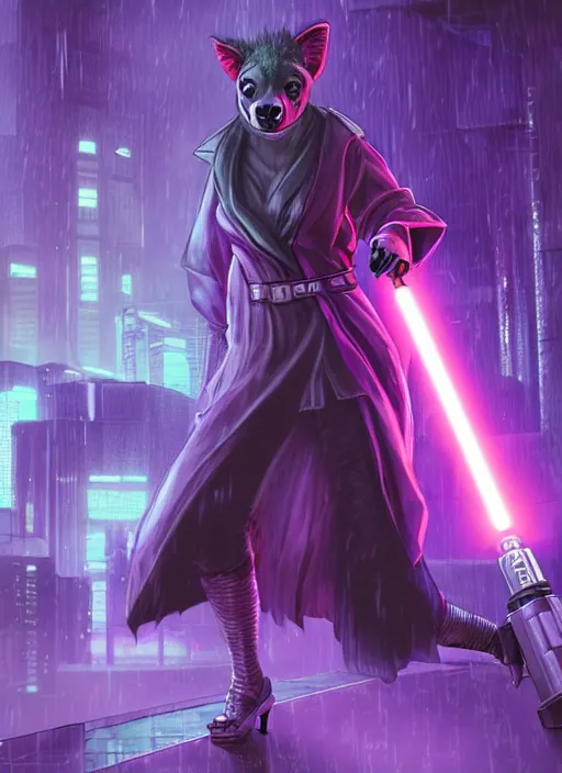 Prompt: character portrait of a female anthro hyena fursona wearing jedi robes wielding an purple lightsaber in a cyberpunk city at night while it rains. hidari, color page, tankoban, 4K, tone mapping, Akihiko Yoshida.