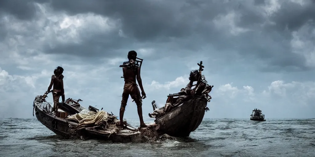 Image similar to sri lankan mad max style, boat, ocean, film still, epic shot cinematography, rule of thirds