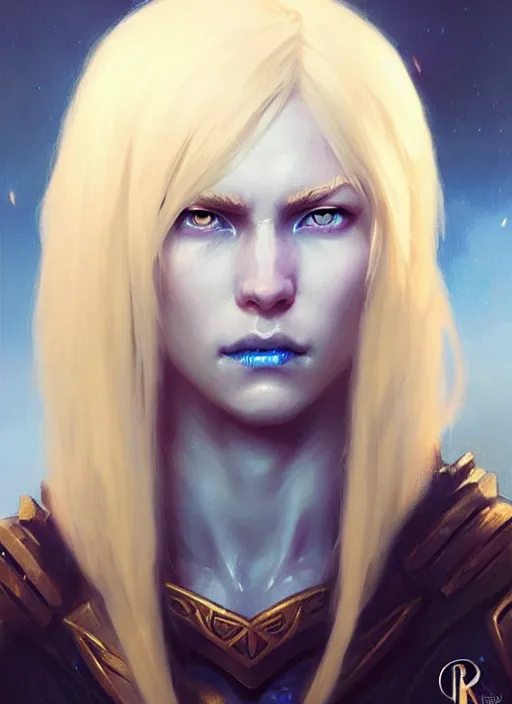 Image similar to a fantasy style portrait painting of shy white female paladin with blonde hair and blue eyes shy, scar under left eye, holy oil painting unreal 5 daz. rpg portrait extremely detailed artgerm greg rutkowski _ greg