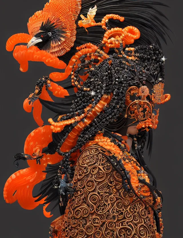 Image similar to 3 d goddess close - up profile portrait biomechanics with ram skull. beautiful intricately detailed japanese crow kitsune mask and clasical japanese kimono. betta fish, jellyfish phoenix, bio luminescent, plasma, ice, water, wind, creature, artwork by tooth wu and wlop and beeple and greg rutkowski. gold black teal and orange color scheme