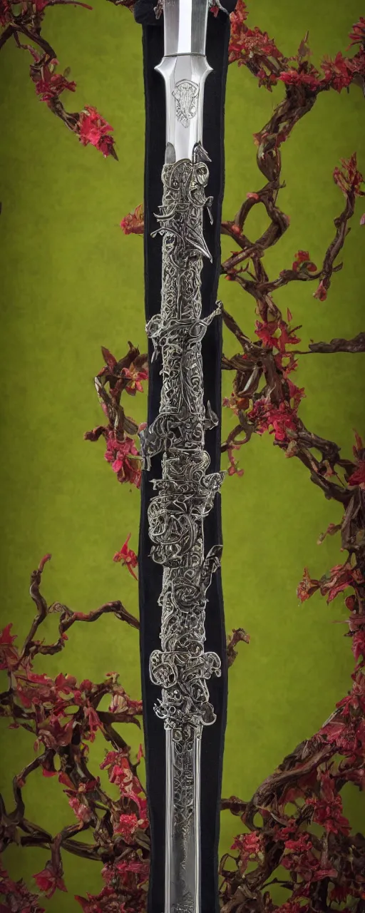 Image similar to a lone upright sword with an ornate hilt, Full body upright a lone sword display shot fully visible, extremely detailed made of vivid flowers and dark vines sword longsword with red rune+engravings, Epic, 8k, 4k, ultra detail, ultra realistic, 85mm lens, by Bayward wu, Anato Finnstark, Naoki Ikushima, cinematic,