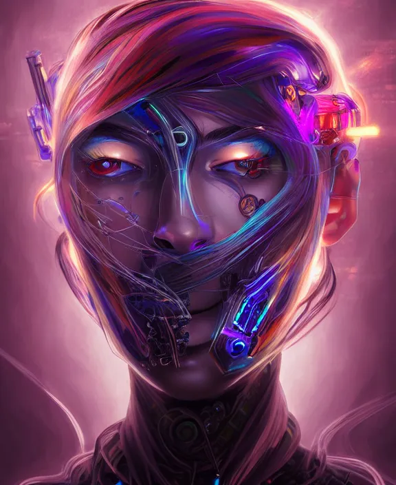 Prompt: whirlwind of souls rushing inside the metaverse, half body, glowin eye, tiara, pharaoh, android, cyborg, cyberpunk face, by loish, d & d, fantasy, intricate, elegant, highly detailed, colorful, vivid color, digital painting, artstation, concept art, art by artgerm and greg rutkowski and alphonse mucha and ruan jia