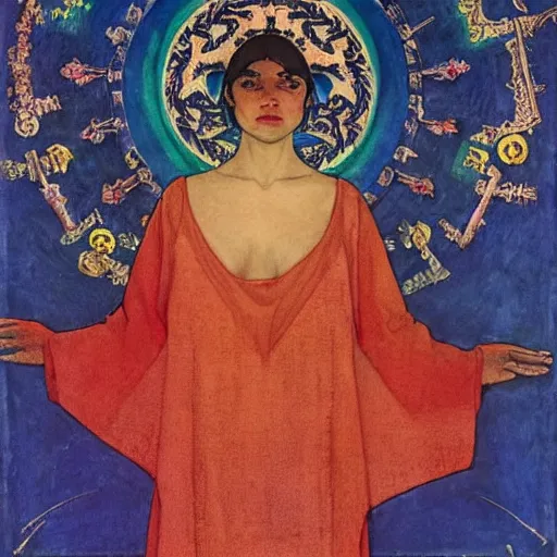 Image similar to the night crown, by Annie Swynnerton and Nicholas Roerich and Diego Rivera, embroidered robes, starry tattoos, elaborate costume, geometric ornament, symbolist, soft colors, dramatic lighting, smooth, sharp focus, extremely detailed