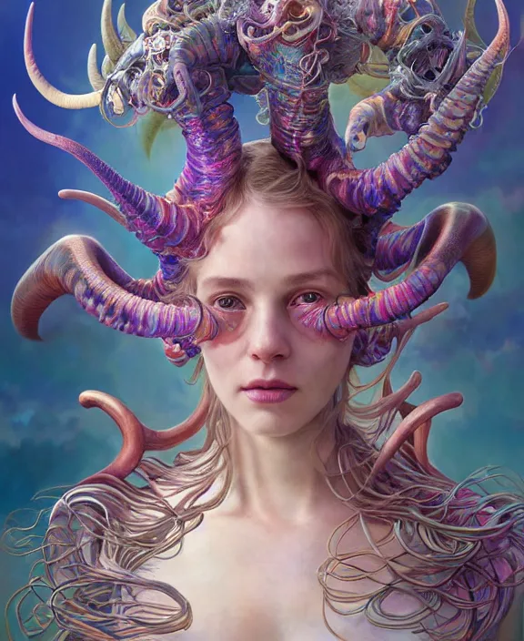 Image similar to intricate colorful transparent portrait of a terrifying beautiful alien sea creature, horns, shells, mottled coloring, adorable, childlike, anxiety environment, ultra realistic, concept art, art nouveau, photorealistic, octane render, 8 k, unreal engine. art by christopher marley and artgerm and greg rutkowski and alphonse mucha