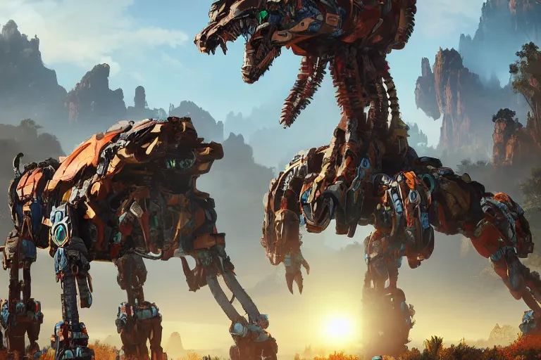 Image similar to tallneck machine mecha animal beast robot of horizon forbidden west horizon zero dawn bioluminiscence global illumination ray tracing hdr fanart arstation by sung choi and eric pfeiffer and gabriel garza and casper konefal