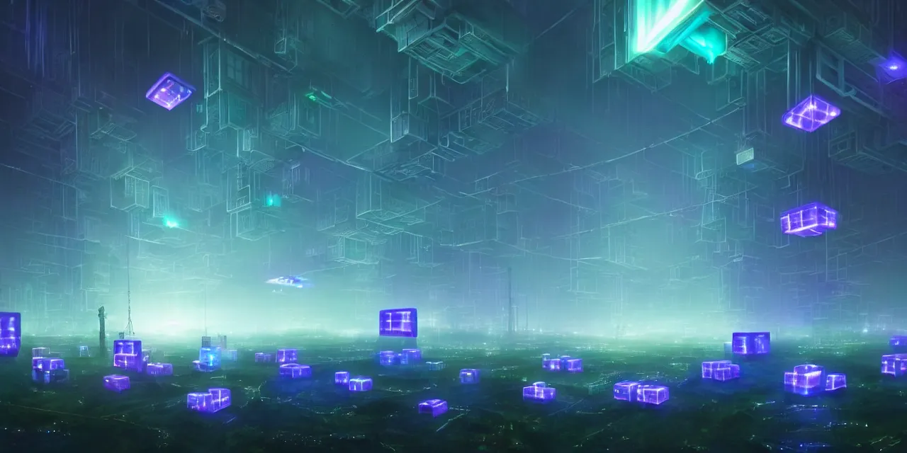 Image similar to a fleet of giant glowing futuristic cubes tied to each other with lots of glowing chains in the sky, thick glowing chains, light rays bouncing between cubes, a fantasy magical cyberpunk landscape seen in the distance, atmospheric lighting, intricate, volumetric lighting, beautiful, sharp focus, ultra detailed, in the art style of marc simonetti and lee madgwick, astrophotography