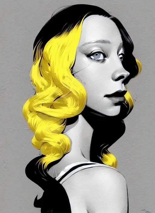 Image similar to highly detailed closeup portrait of beautiful portia doubleday, blonde wavy hair, angela moss, white suit by atey ghailan, by greg rutkowski, by greg tocchini, by james gilleard, by joe fenton, by kaethe butcher, gradient yellow, black and white color scheme, grunge aesthetic!!! ( ( graffiti tag wall background ) )