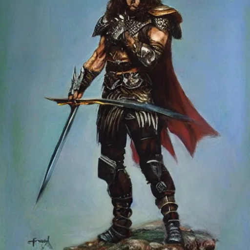 Image similar to portrait of frank zappa wearing armor and holding sword by frank fazetta, fantasy, barbarian