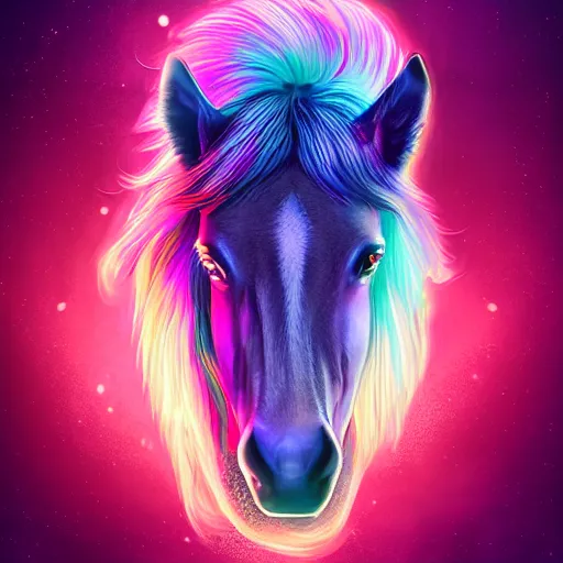 Prompt: digital horse, retrowave palette, highly detailed, anatomically correct equine, synth feel, smooth face, soft fur, ear floof, flowing mane, no reins, super realism, accurate animal imagery, 4 k digital art