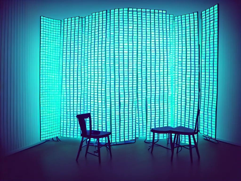 Image similar to room with overlaping screens projecting art, pixel perfect image, high contrast, volumetric lighting, tiny neon light, chair, user, pair of keys