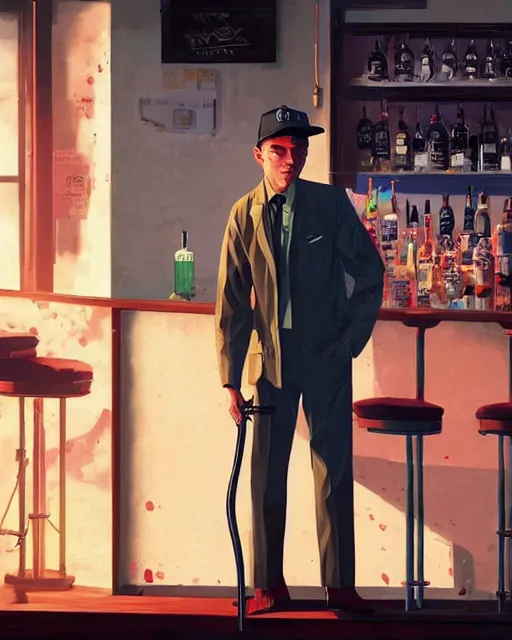 Prompt: young Frank Sinatra as a poor 1950s bartender, dirt, in GTA V, Stephen Bliss, unreal engine, fantasy art by Greg Rutkowski, Loish, Rhads, Makoto Shinkai and Lois van baarle, ilya kuvshinov, rossdraws global illumination, radiant light, detailed and intricate environment