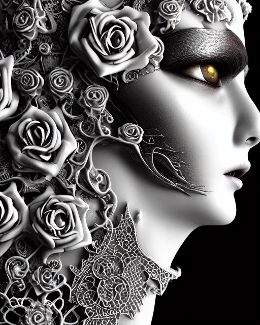 Image similar to bw dreamy close - up profile face, beautiful young porcelain intricate steampunk bio - mechanical vegetal - dragon - cyborg - female, white roses ornate metallic armour, white fluffy feathers, fine mandelbrot fractal lace, 1 5 0 mm, soft rim light, elegant, hyper real, ultra detailed, octane render, hg giger, 1 6 k