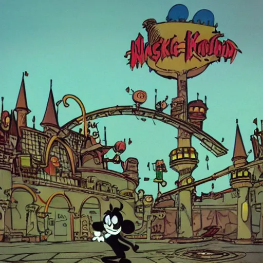 Image similar to post - apocalyptic magic kingdom, rubberhose animation, walt disney world, vintage cartoon, felix the cat,