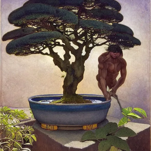 Image similar to Muscular African gardener cutting bonsai trees, grey Hair, idyllic Garden, by Annie Swynnerton and Nicholas Roerich and jean delville, glowing paper lanterns, strong dramatic cinematic lighting , ornate tiled architecture, lost civilizations, smooth, sharp focus, extremely detailed