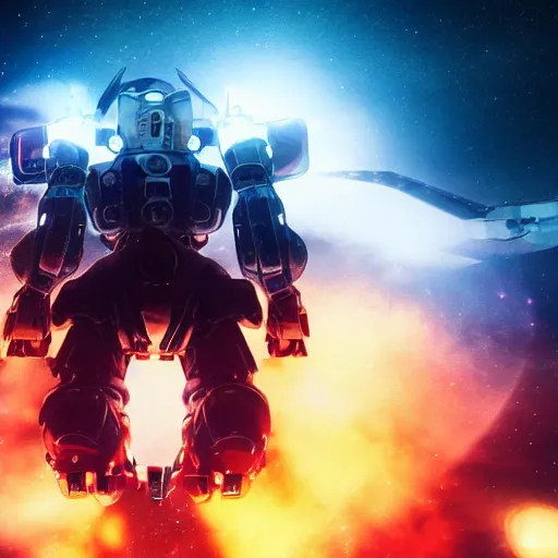 Image similar to front-facing portrait of a mecha astronaut entering hell with a broken air ship, cinematic lighting, epic