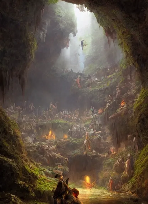 Prompt: stone age rave in a cave, digital art by eugene de blaas and ross tran, vibrant color scheme, highly detailed, in the style of romanticism, cinematic, artstation, greg rutkowski